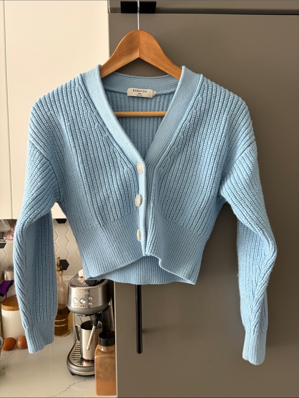 Babaton Powder Blue Ribbed V-Neck Cropped Cardigan